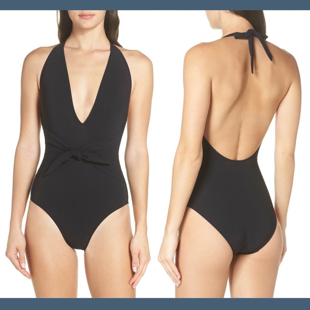 NWT $198 Tory Burch Tie Front Halter One-Piece Swimsuit Black [SZ Small‎ ]